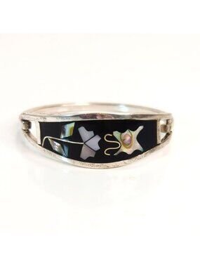 Vintage Alpaca Mexico Abalone Floral Hinged Bangle Bracelet Black